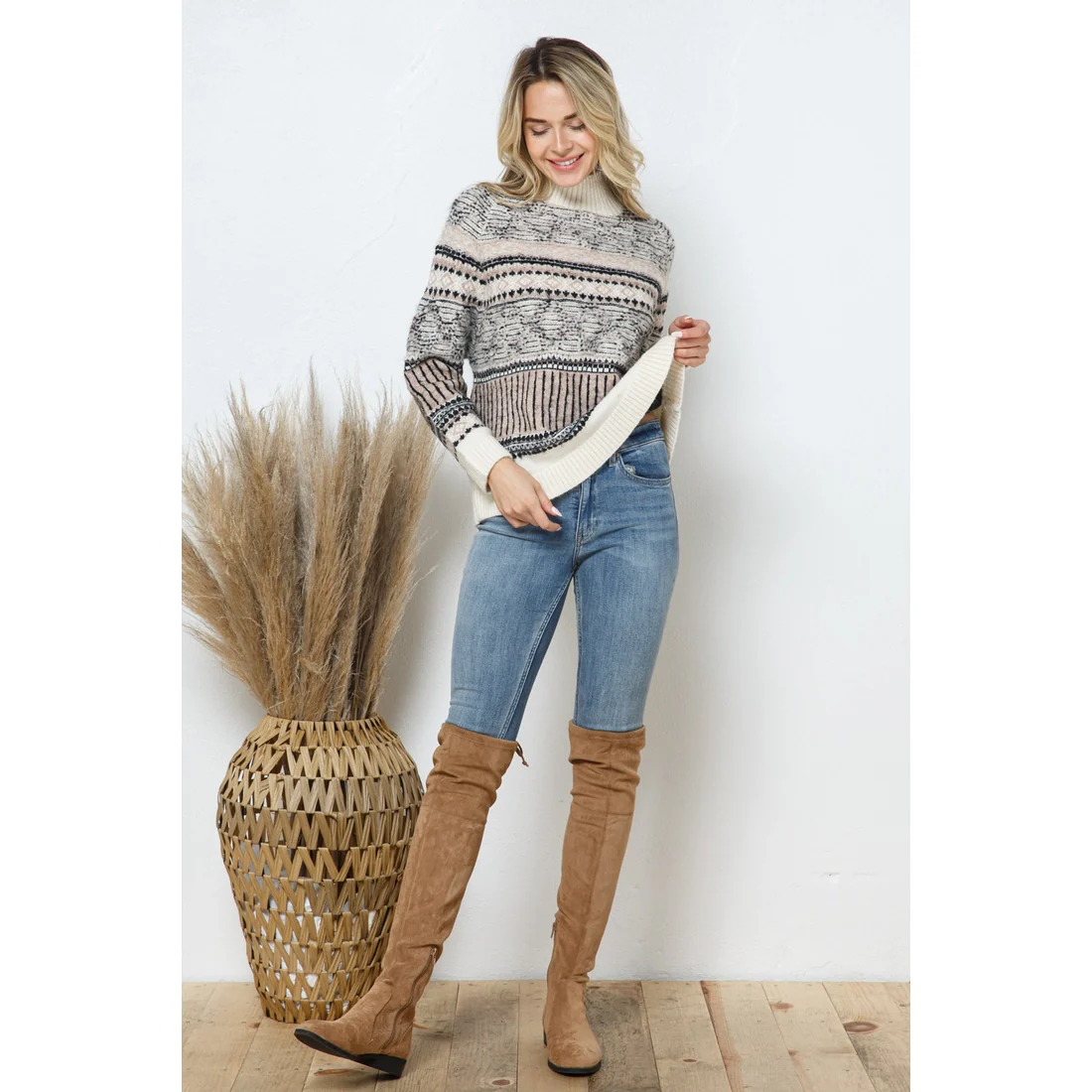 Aztec Pattern Multi Stripe Mock Neck Pullover Sweater - Image 4