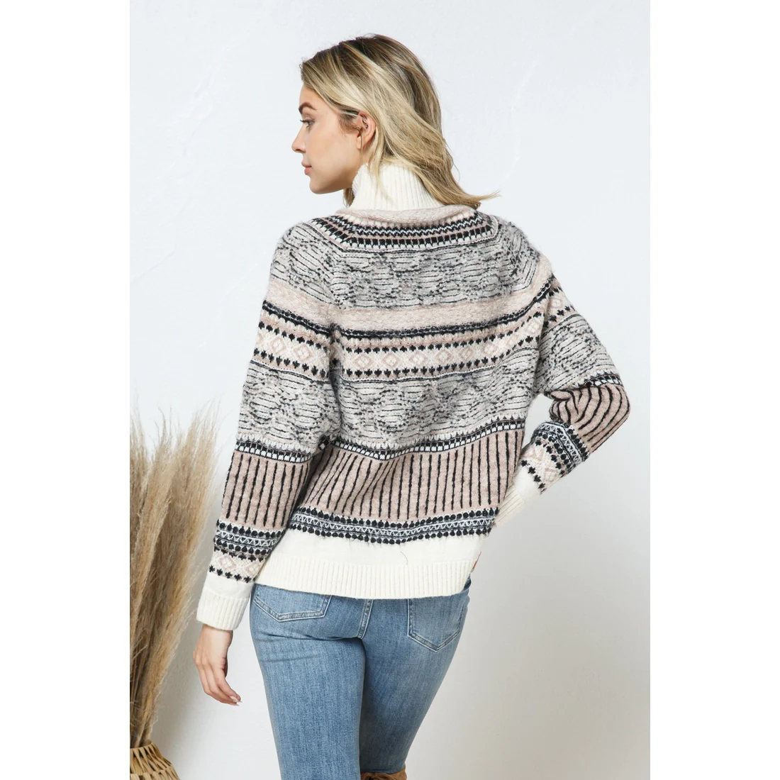 Aztec Pattern Multi Stripe Mock Neck Pullover Sweater - Image 5