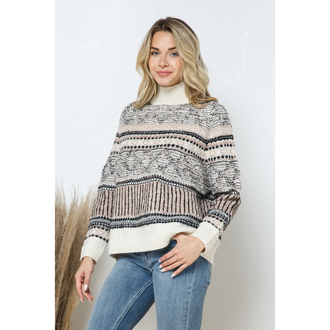 Aztec Pattern Multi Stripe Mock Neck Pullover Sweater - Image 6