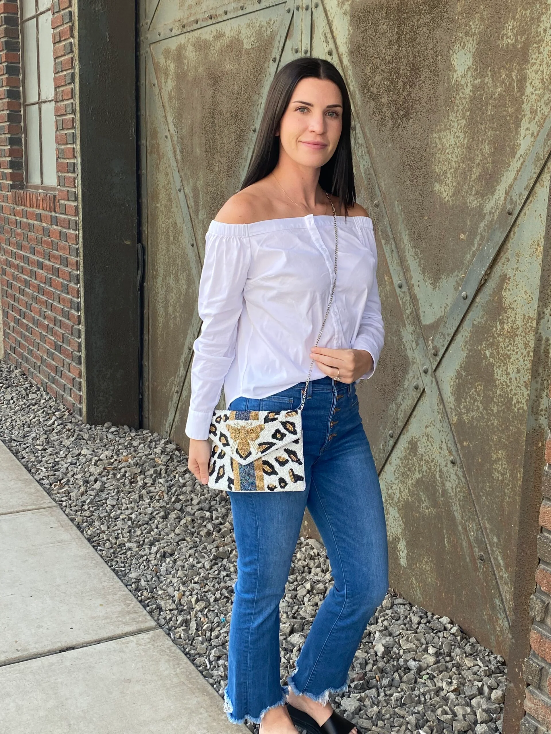 Beaded Bee Crossbody/Clutch Winter White Leopard Bee with Blue Stripe - Image 3