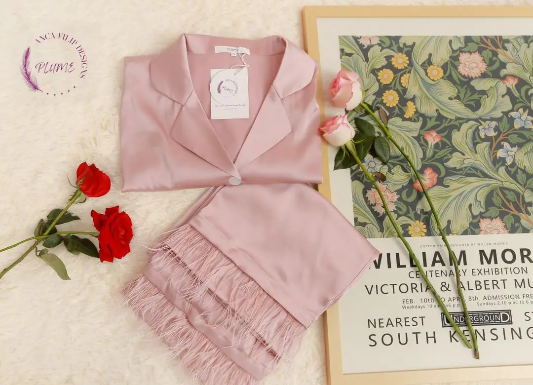 Pink Detachable feather trim satin pajama - Image 3