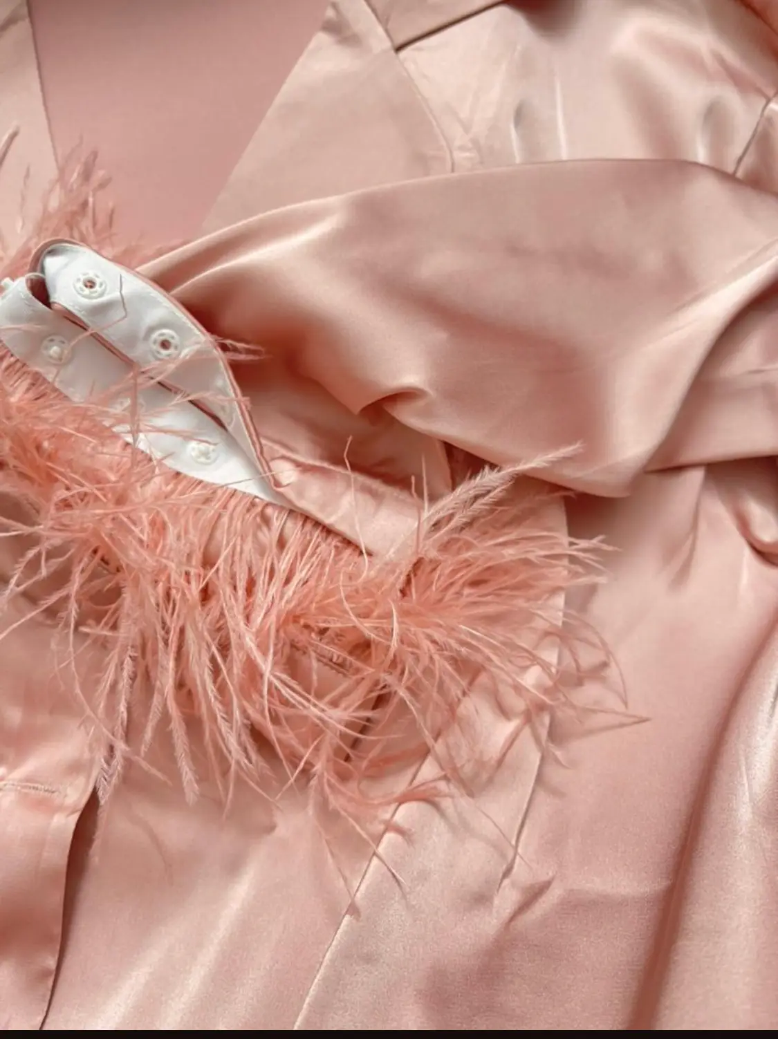 Pink Detachable feather trim satin pajama - Image 4
