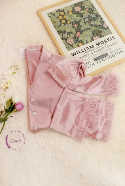 Pink Detachable feather trim satin pajama - Image 5