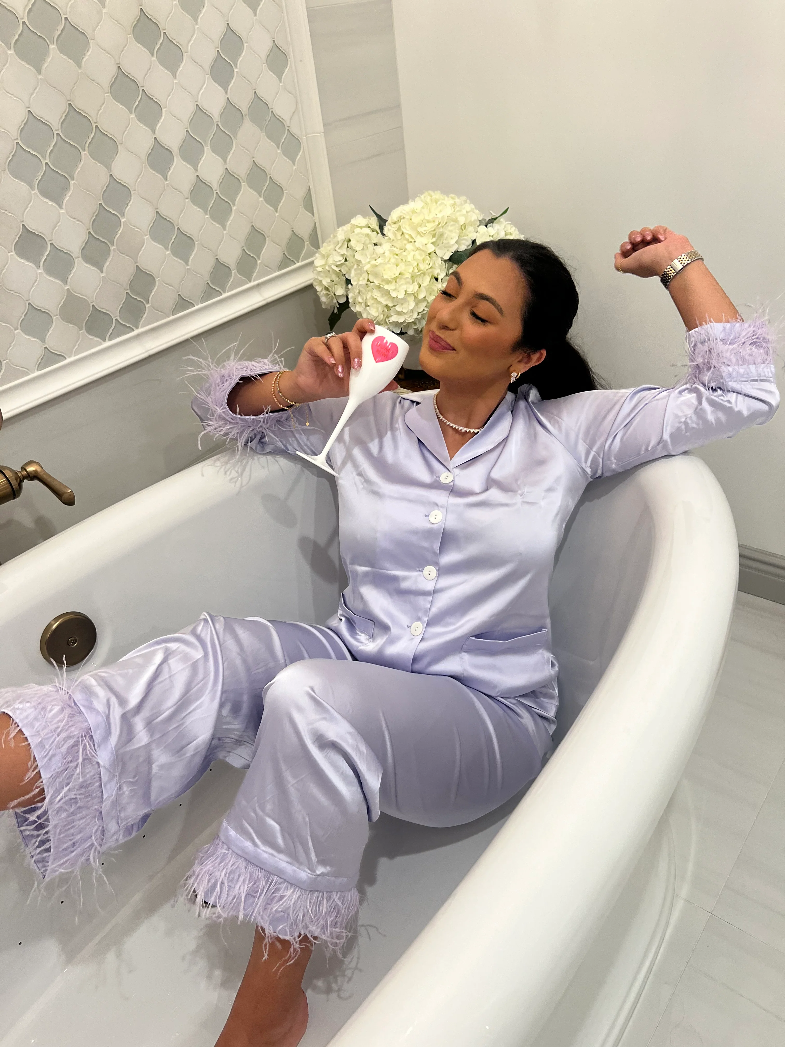 Lavender Detachable feather trim satin pajama - Image 3
