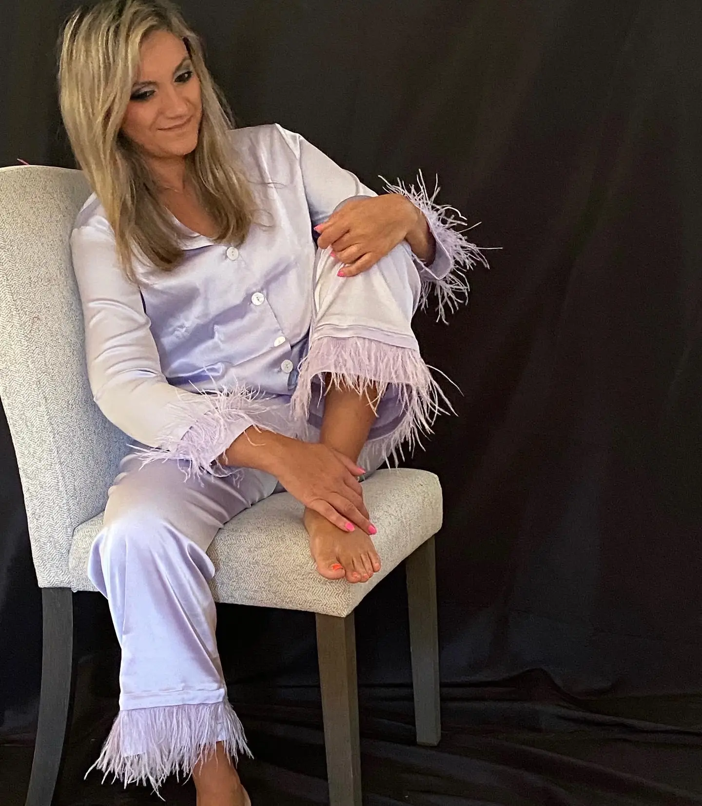 Lavender Detachable feather trim satin pajama - Image 4
