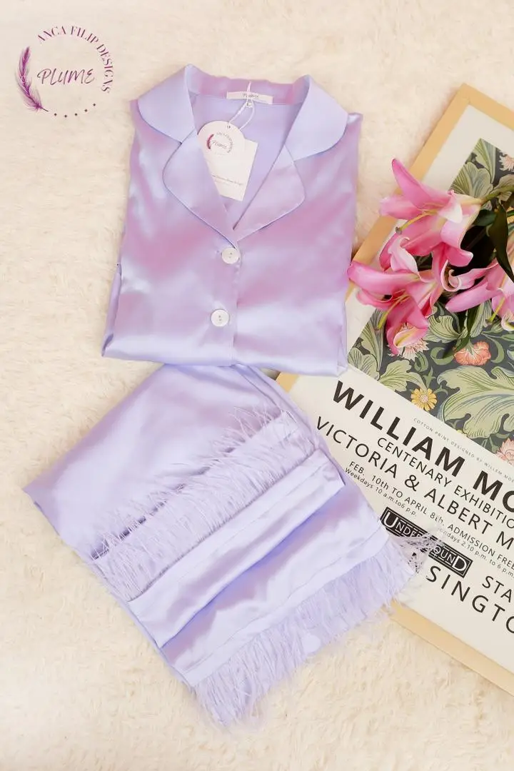 Lavender Detachable feather trim satin pajama - Image 5