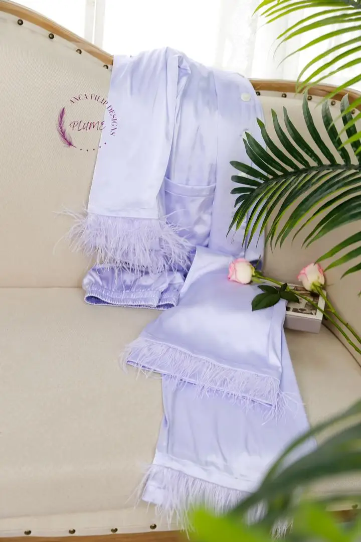 Lavender Detachable feather trim satin pajama - Image 6