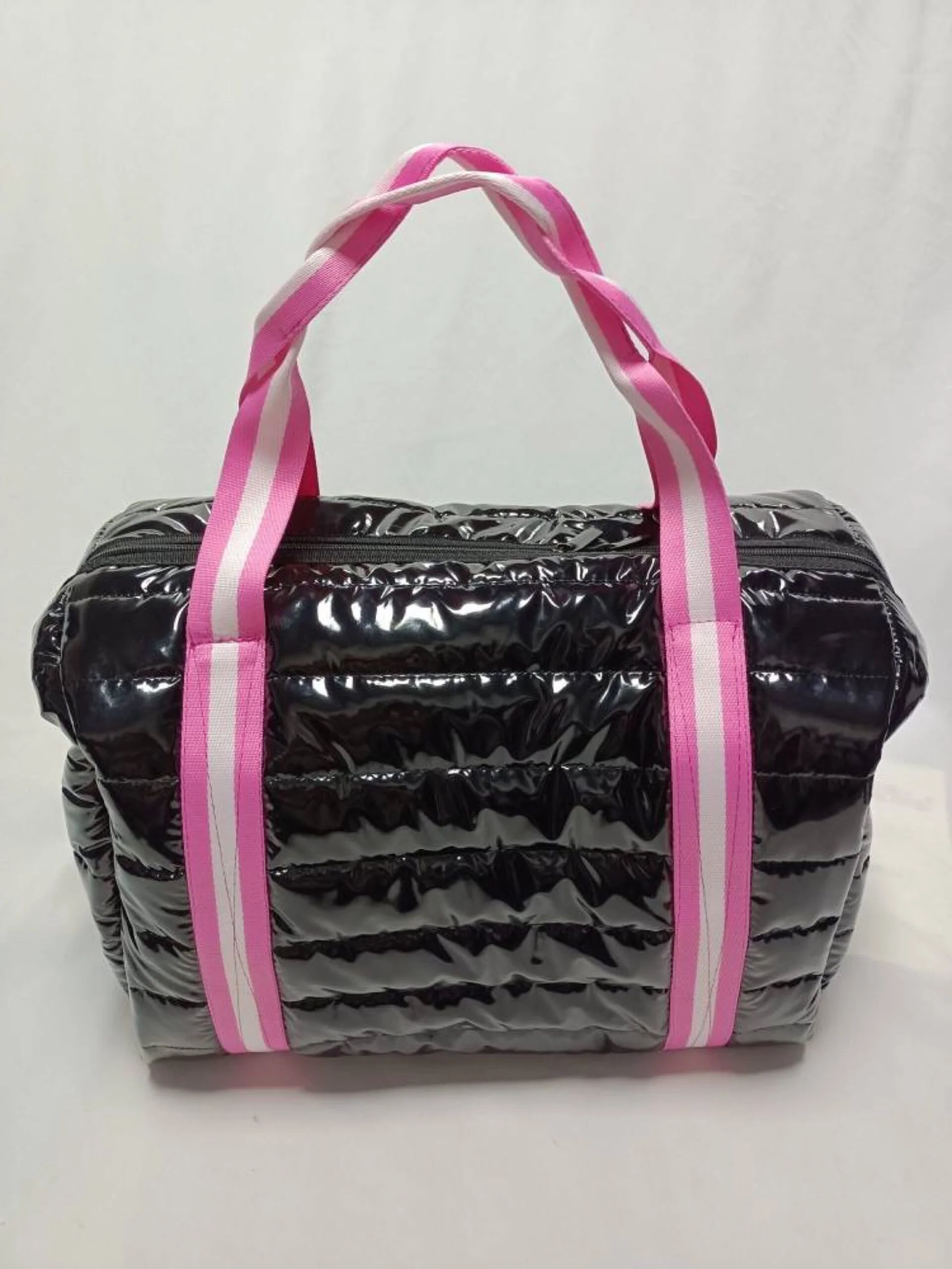 The Cassie Weekender Puffer Black Metallic w/Pink Striped Strap - Image 3